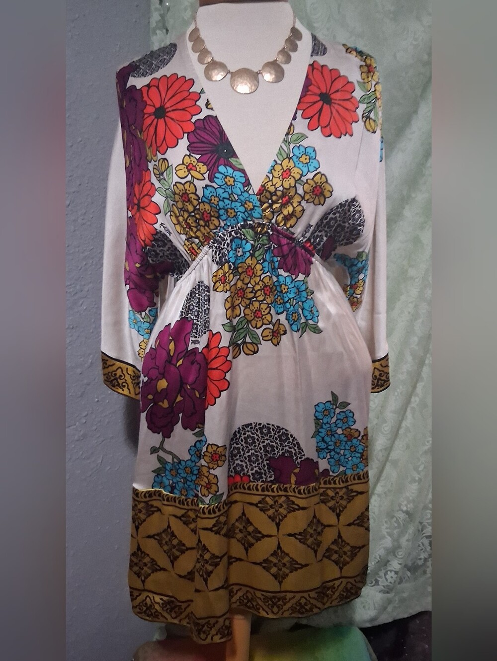 Hale Bob Cream SILK Mini Dress with Multi-Color Floral Print
